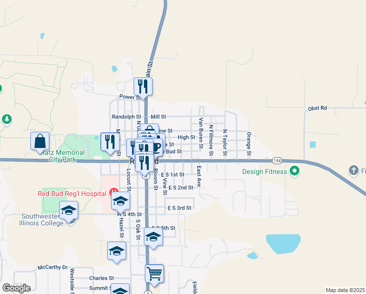 map of restaurants, bars, coffee shops, grocery stores, and more near 504 East Olive Street in Red Bud