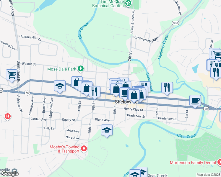 map of restaurants, bars, coffee shops, grocery stores, and more near 818 College Street in Shelbyville