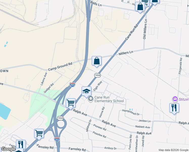 map of restaurants, bars, coffee shops, grocery stores, and more near 3906 Cane Run Road in Louisville