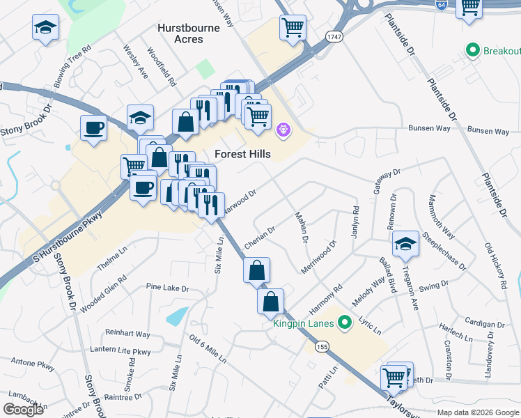map of restaurants, bars, coffee shops, grocery stores, and more near 2307 Janlyn Road in Jeffersontown