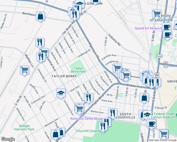 map of restaurants, bars, coffee shops, grocery stores, and more near 1117 Lincoln Avenue in Louisville