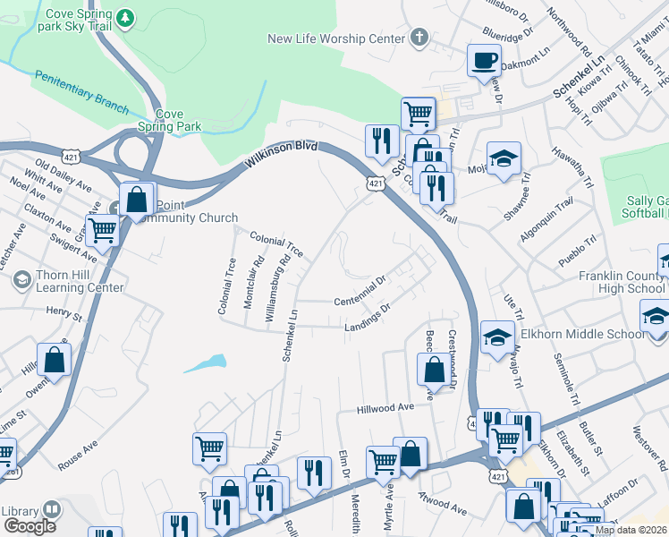map of restaurants, bars, coffee shops, grocery stores, and more near 565 Schenkel Lane in Frankfort