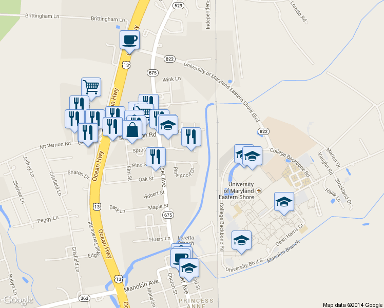 map of restaurants, bars, coffee shops, grocery stores, and more near 12066 College Place in Princess Anne