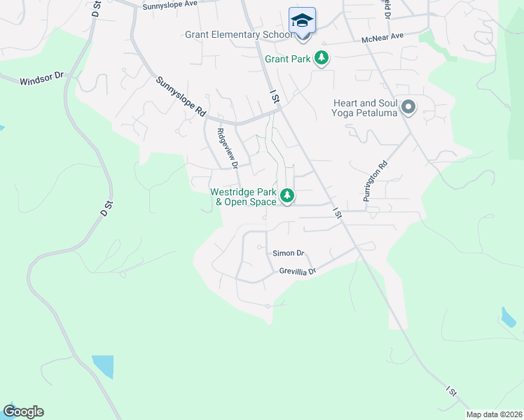 map of restaurants, bars, coffee shops, grocery stores, and more near 171 Westridge Drive in Petaluma