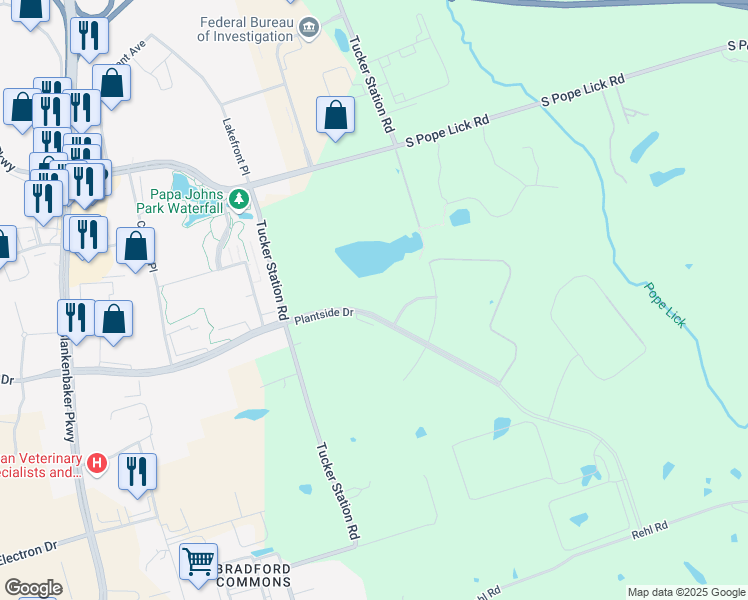 map of restaurants, bars, coffee shops, grocery stores, and more near 12601 Plantside Drive in Louisville