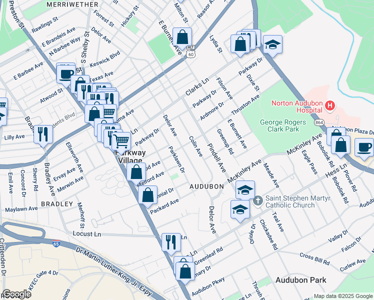 map of restaurants, bars, coffee shops, grocery stores, and more near 2702 Delor Avenue in Louisville