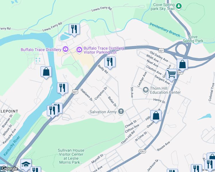 map of restaurants, bars, coffee shops, grocery stores, and more near 117 Compton Drive in Frankfort