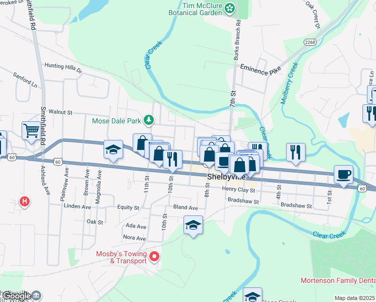 map of restaurants, bars, coffee shops, grocery stores, and more near College Street in Shelbyville