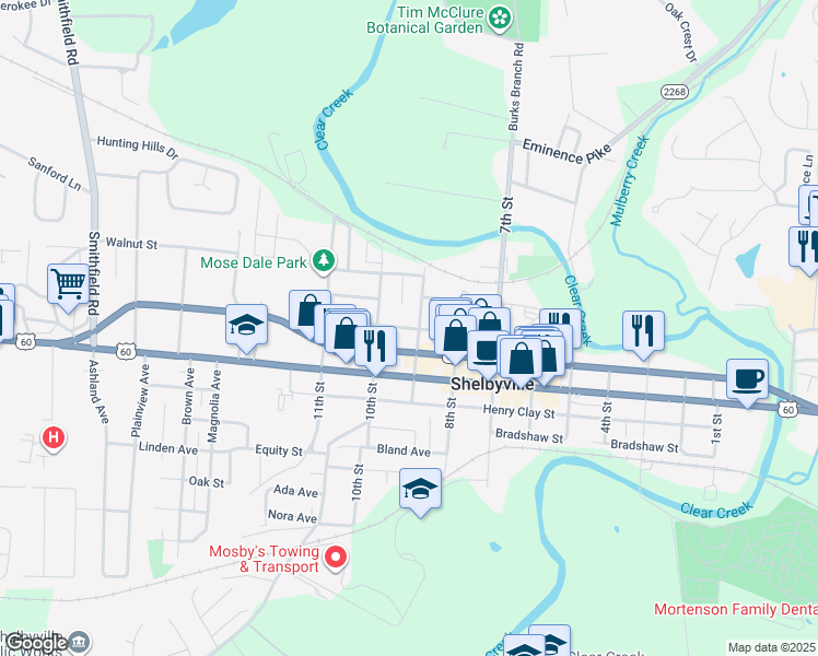map of restaurants, bars, coffee shops, grocery stores, and more near College Street in Shelbyville