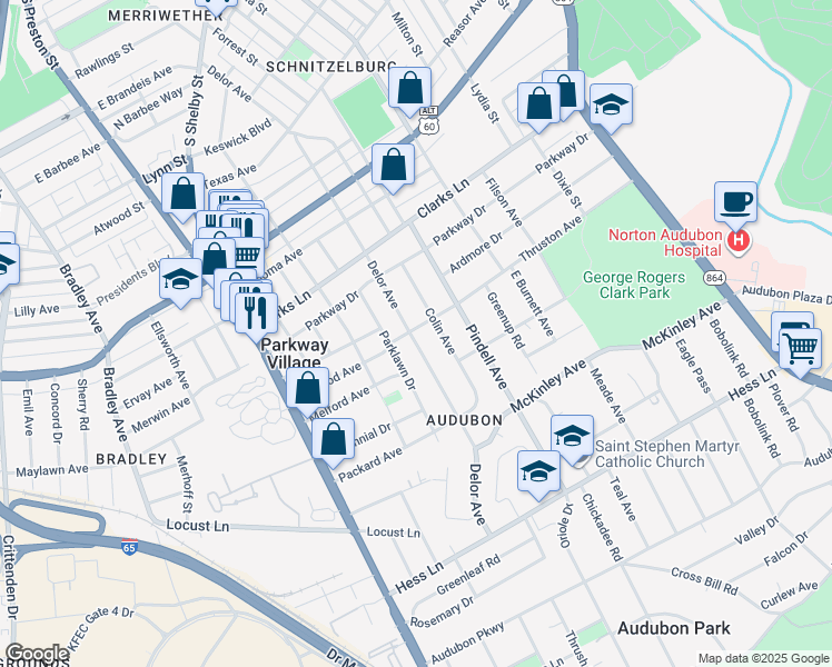 map of restaurants, bars, coffee shops, grocery stores, and more near 2702 Delor Avenue in Louisville