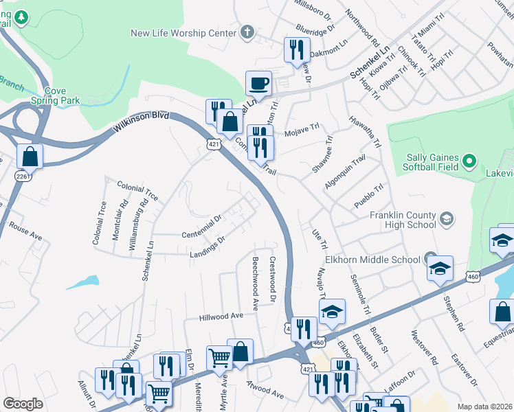 map of restaurants, bars, coffee shops, grocery stores, and more near 4 260 Landings Drive in Frankfort