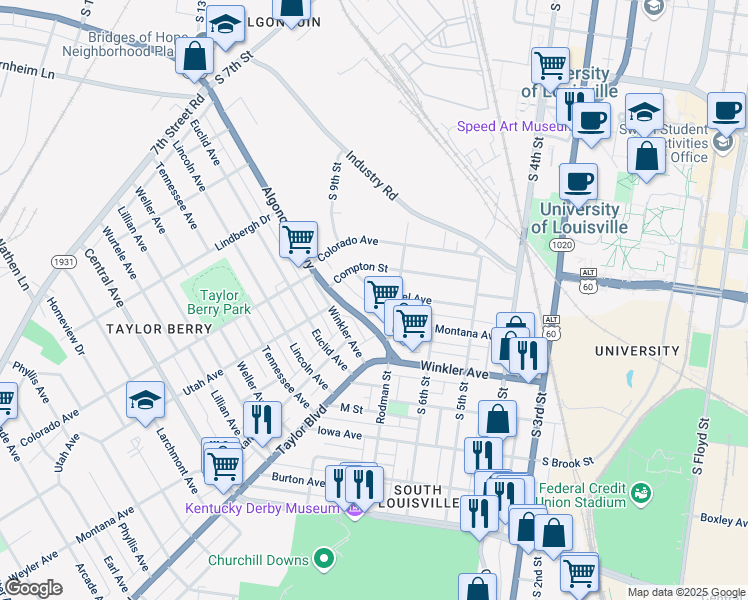 map of restaurants, bars, coffee shops, grocery stores, and more near 719 Algonquin Parkway in Louisville