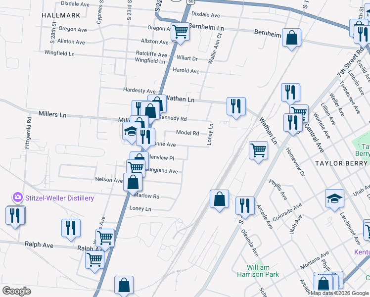 map of restaurants, bars, coffee shops, grocery stores, and more near 1566 Loney Lane in Louisville