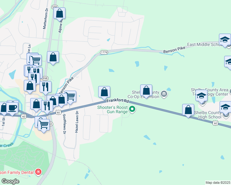 map of restaurants, bars, coffee shops, grocery stores, and more near 711 Frankfort Road in Shelbyville