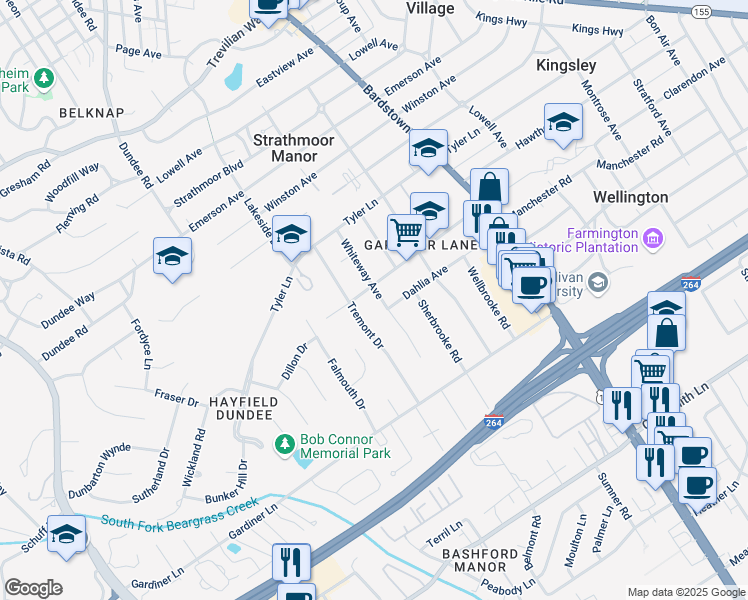 map of restaurants, bars, coffee shops, grocery stores, and more near 2910 Whiteway Avenue in Louisville