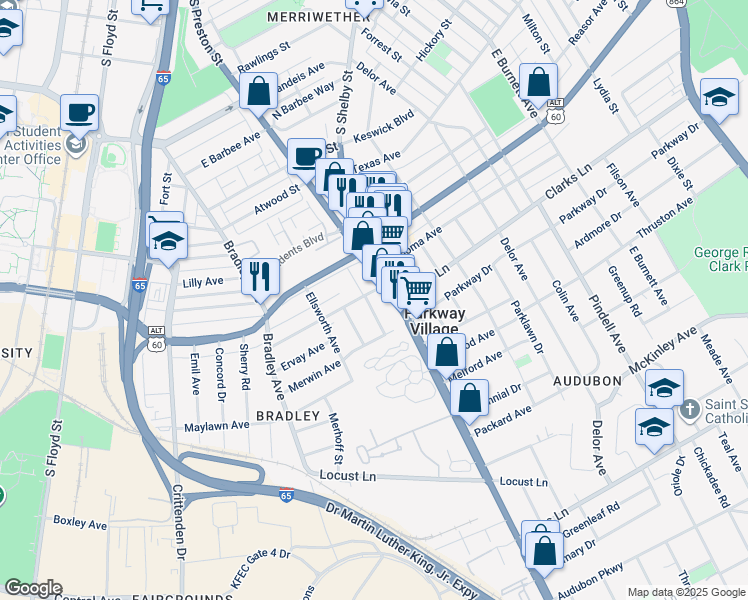 map of restaurants, bars, coffee shops, grocery stores, and more near 2412 Mount Claire Avenue in Louisville