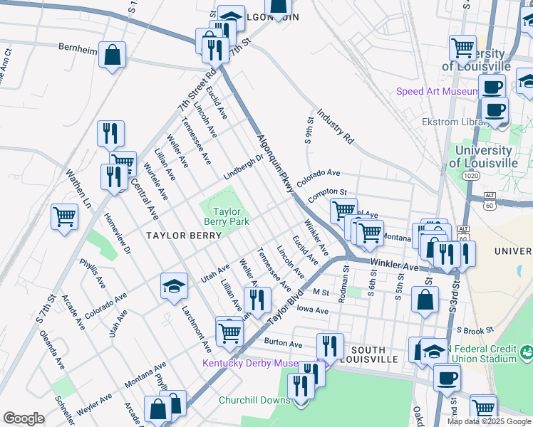 map of restaurants, bars, coffee shops, grocery stores, and more near 1117 Lincoln Avenue in Louisville