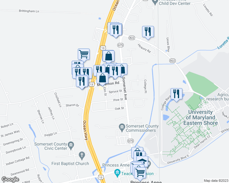 map of restaurants, bars, coffee shops, grocery stores, and more near 21077 Spruce Street in Princess Anne