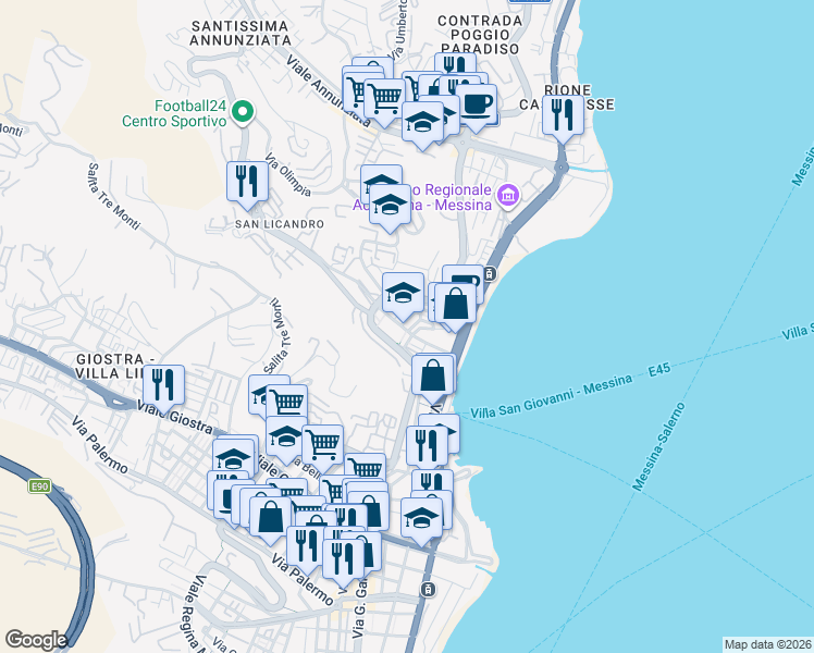 map of restaurants, bars, coffee shops, grocery stores, and more near 12 Via Brasile in Messina