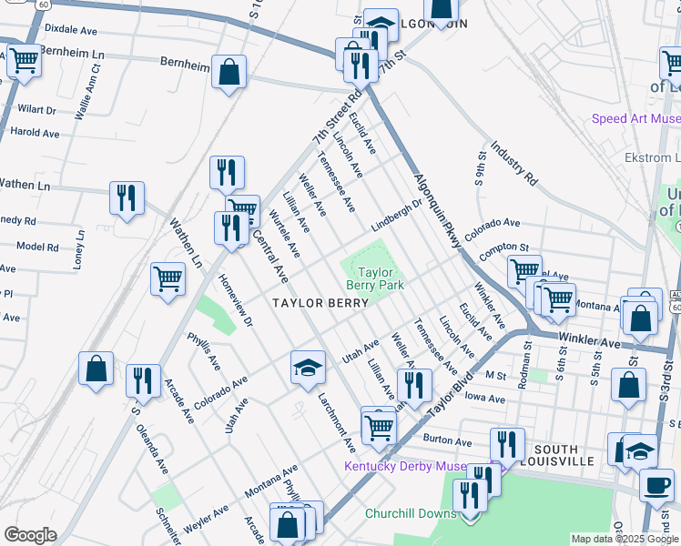 map of restaurants, bars, coffee shops, grocery stores, and more near in Louisville