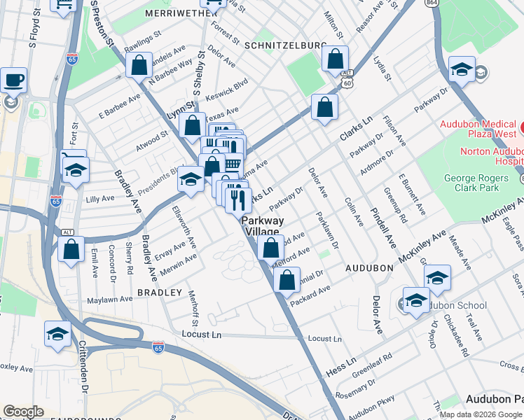 map of restaurants, bars, coffee shops, grocery stores, and more near in Parkway Village