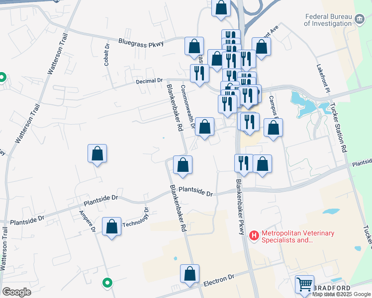 map of restaurants, bars, coffee shops, grocery stores, and more near 2108 Blankenbaker Road in Louisville