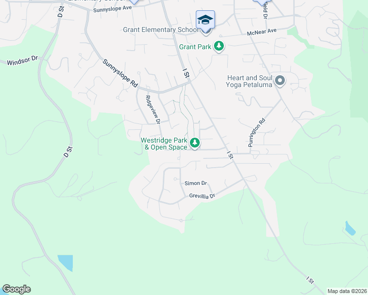 map of restaurants, bars, coffee shops, grocery stores, and more near 171 Westridge Drive in Petaluma