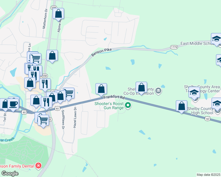 map of restaurants, bars, coffee shops, grocery stores, and more near 711 Frankfort Road in Shelbyville