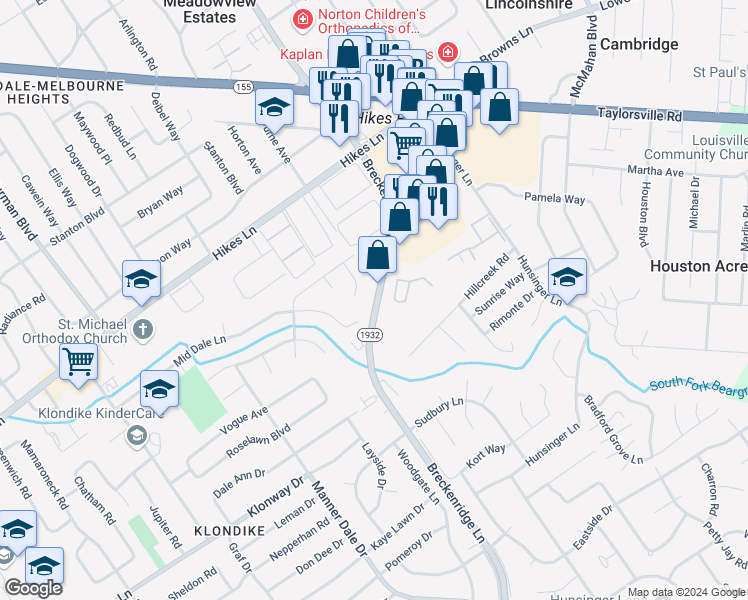 map of restaurants, bars, coffee shops, grocery stores, and more near 3101 Kentucky 1932 in Louisville