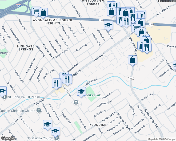 map of restaurants, bars, coffee shops, grocery stores, and more near 3042 Hikes Lane in Louisville