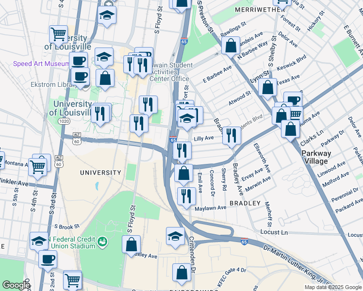 map of restaurants, bars, coffee shops, grocery stores, and more near 2352 Crittenden Drive in Louisville