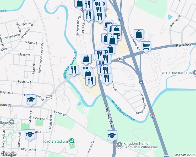 map of restaurants, bars, coffee shops, grocery stores, and more near U.S. Highway 62 in Georgetown