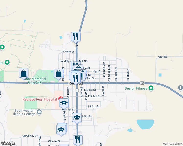 map of restaurants, bars, coffee shops, grocery stores, and more near 504 Olive Street in Red Bud