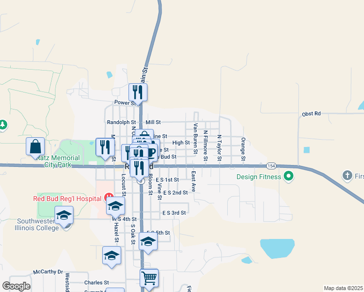 map of restaurants, bars, coffee shops, grocery stores, and more near 504 Olive Street in Red Bud