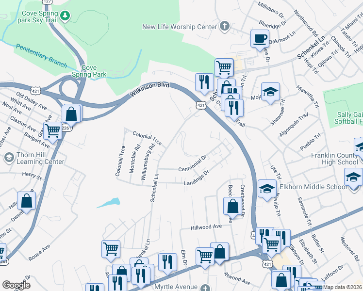 map of restaurants, bars, coffee shops, grocery stores, and more near 565 Schenkel Lane in Frankfort