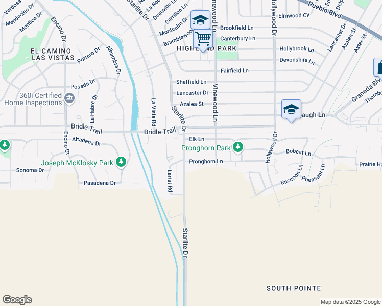 map of restaurants, bars, coffee shops, grocery stores, and more near 3938 Bison Lane in Pueblo