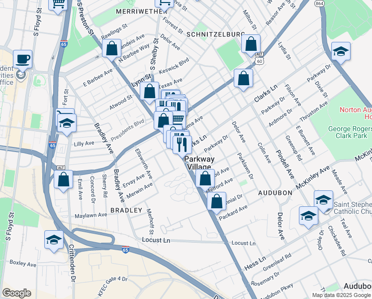map of restaurants, bars, coffee shops, grocery stores, and more near in Louisville