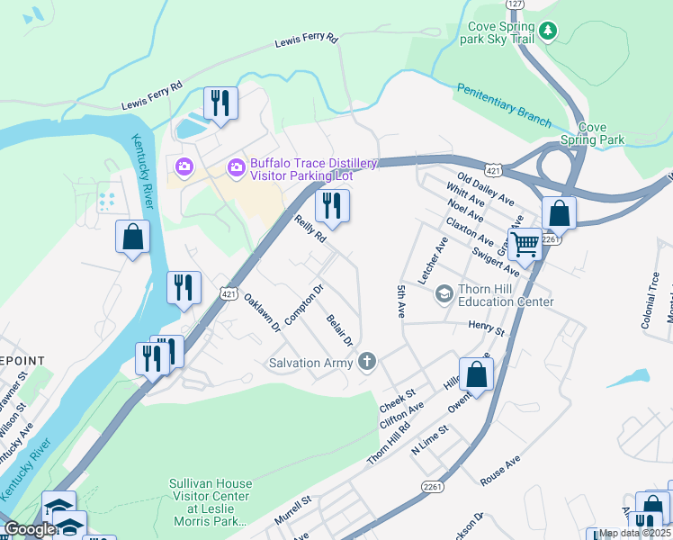 map of restaurants, bars, coffee shops, grocery stores, and more near 101 Compton Drive in Frankfort