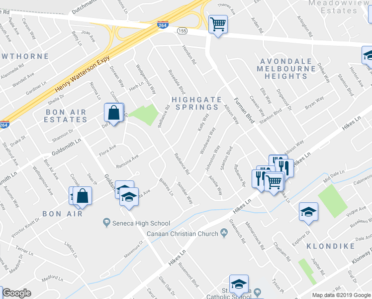 map of restaurants, bars, coffee shops, grocery stores, and more near 3609 Kelly Way in Louisville