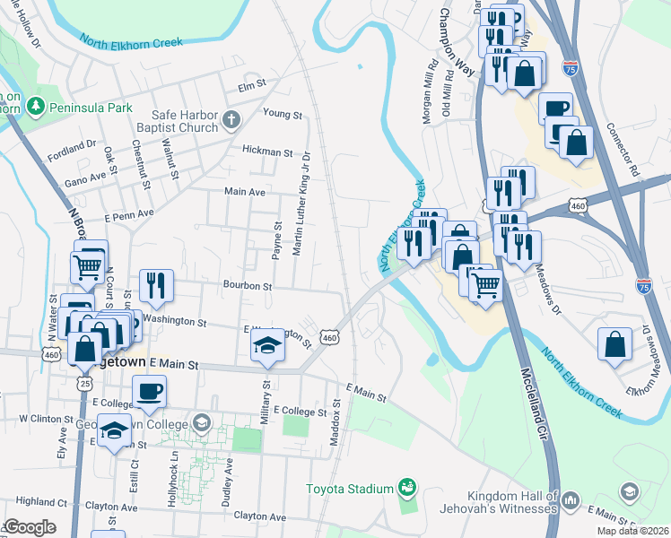 map of restaurants, bars, coffee shops, grocery stores, and more near 113 Eastside Drive in Georgetown