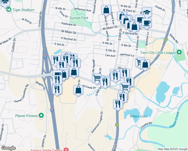 map of restaurants, bars, coffee shops, grocery stores, and more near 708 Mueller Road in Festus