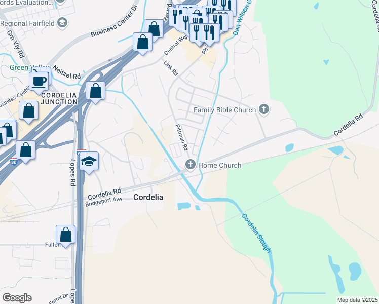 map of restaurants, bars, coffee shops, grocery stores, and more near 450 Pittman Road in Fairfield