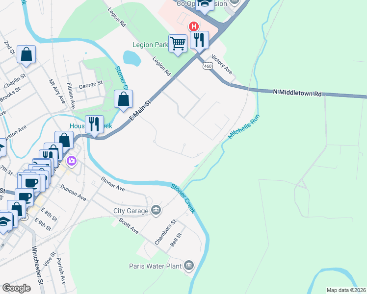 map of restaurants, bars, coffee shops, grocery stores, and more near Woodlawn Way in Paris