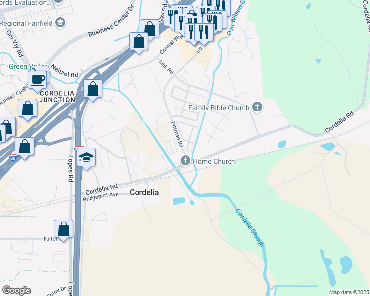 map of restaurants, bars, coffee shops, grocery stores, and more near 450 Pittman Road in Fairfield