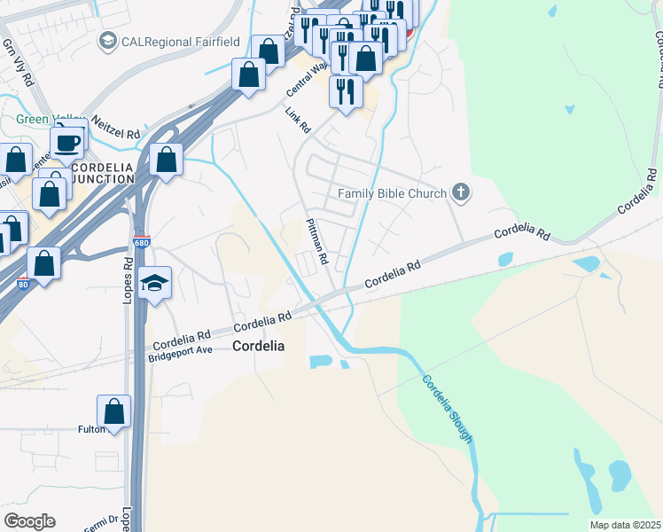 map of restaurants, bars, coffee shops, grocery stores, and more near 450 Pittman Road in Fairfield