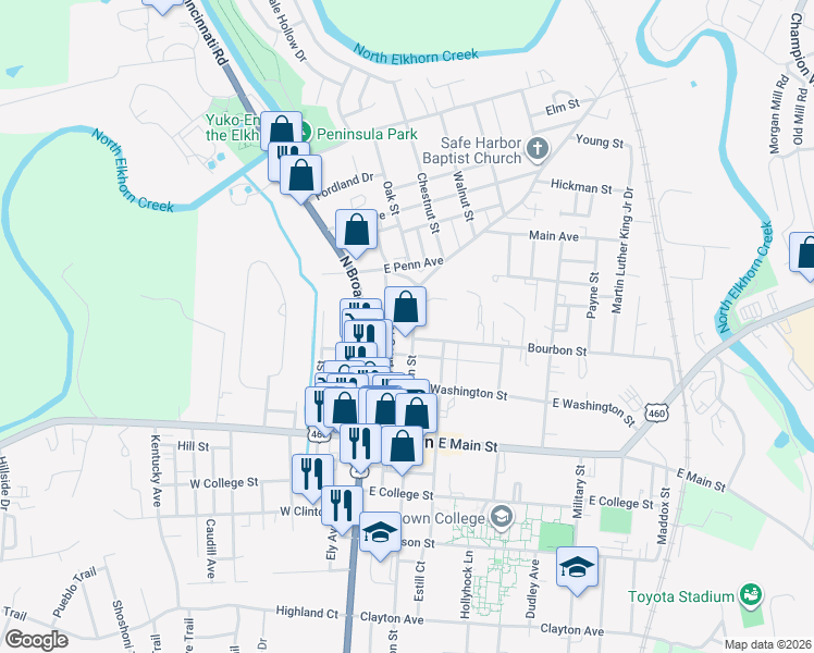 map of restaurants, bars, coffee shops, grocery stores, and more near 311 North Hamilton Street in Georgetown