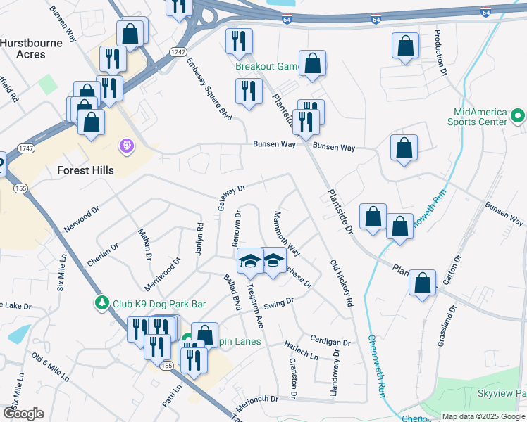 map of restaurants, bars, coffee shops, grocery stores, and more near 2106 Gateway Court in Jeffersontown