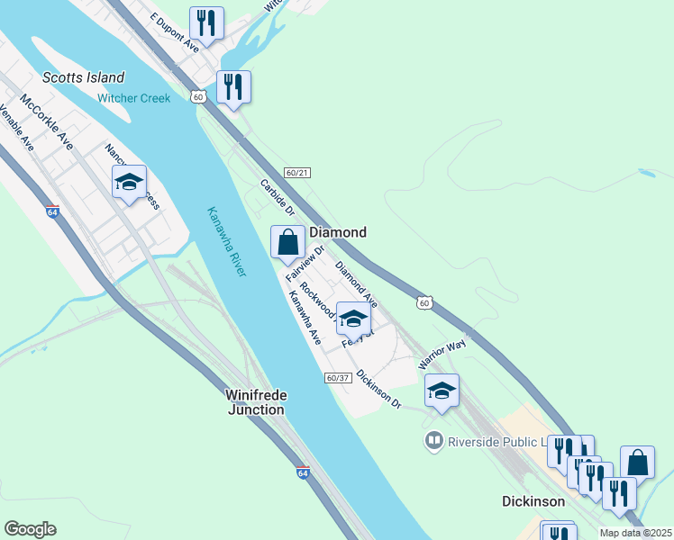 map of restaurants, bars, coffee shops, grocery stores, and more near U.S. 60 in Belle