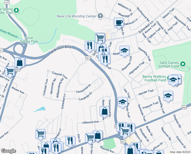 map of restaurants, bars, coffee shops, grocery stores, and more near 263 Centennial Drive in Frankfort
