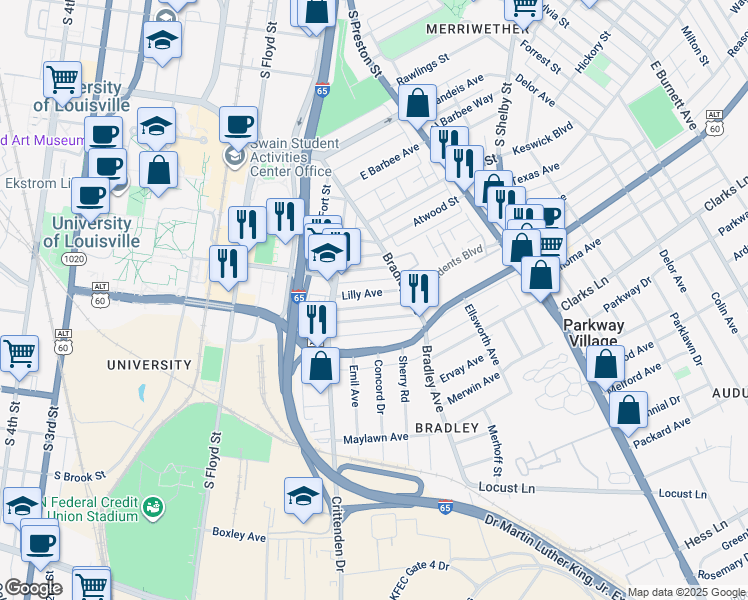 map of restaurants, bars, coffee shops, grocery stores, and more near 541 Lilly Avenue in Louisville